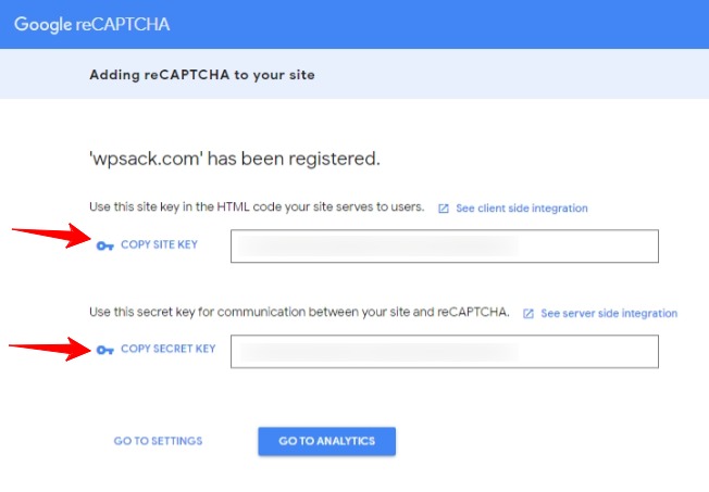 reCAPTCHA keys