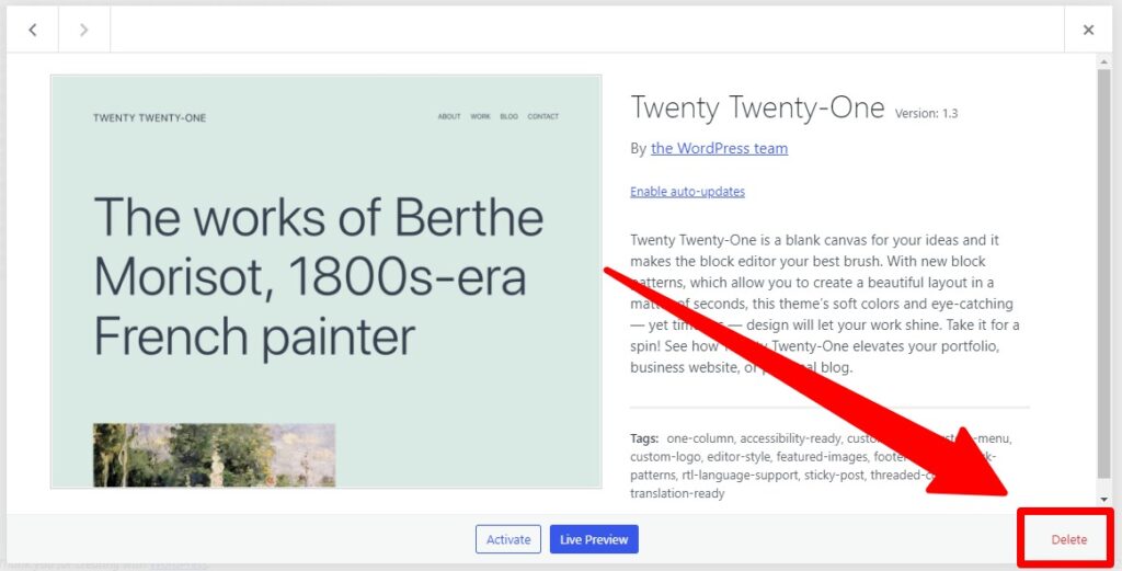 deleting theme in wordpress