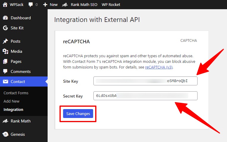 Site and Secret key of reCAPTCHA registration