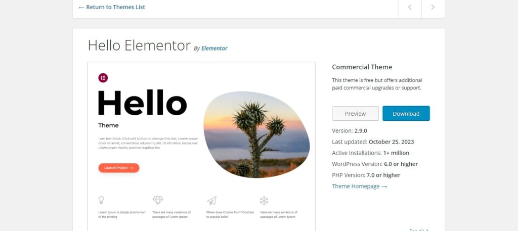 Hello Elementor theme homepage