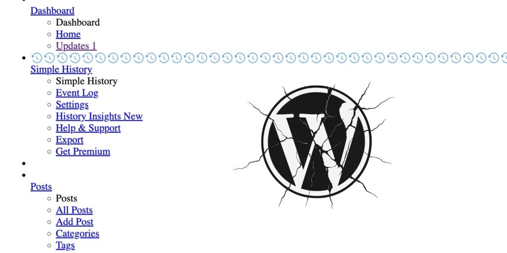A screenshot of broken wordpress backend